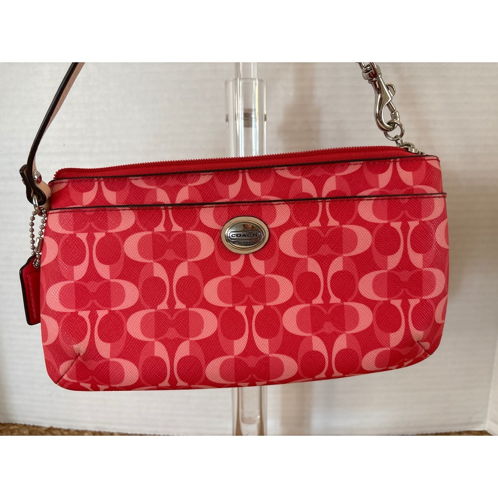 Coach Signature Optic C Wristlet Red Pink Canvas Leather Trim Bag - see pics
